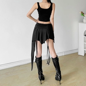 Rear view of a black asymmetric mini skirt with side drawstring and long ribbon detail