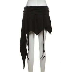Detail view of black irregular mini skirt with drawstring ruched design on white mannequin