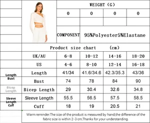Size chart for women's off-shoulder T-shirt showing UK and US sizing with fabric specs
