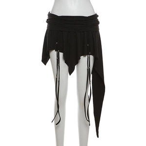 Close-up of asymmetrical black skirt with drawstring detailing and silver metal beads