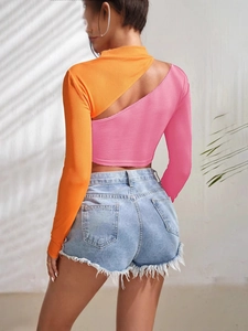 Slim fit long sleeve color block knit top with hollow out design and mock neck
