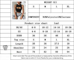 Size chart for black hollow sleeveless top detailing polyester and elastane fabric measurements