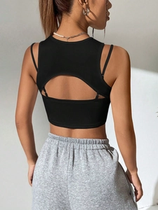 Chic black backless cropped tank top with a stylish semicircular cutout for women