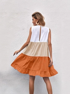 Elegant sleeveless tricolor patchwork dress with tiered ruffles and back button detail