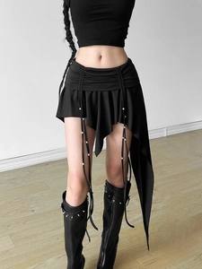 Women's slim black irregular low waist skirt with metallic beads and drawstrings