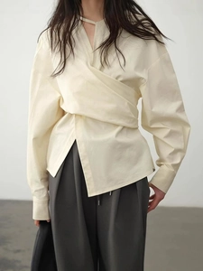 Damen Wickelbluse Im Französischen Stil Dekonstruiertes Asymmetrisches Top Mit Taillenbindung Beige Langarm Hemd