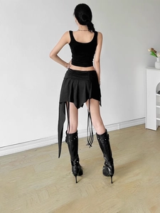 Women's black asymmetrical mini skirt with decorative long ties and ruched detailing
