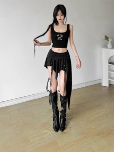Women's trendy black short vest and asymmetric low-waist skirt with decorative straps