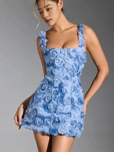 Women 3D Rosette Floral Mini Dress Sexy Square Neck Bodycon Backless Lace Up Party Dress Summer Solid Color Clubwear
