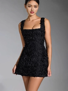 Elegant black mini dress with 3D floral textures and square neck for party evening events
