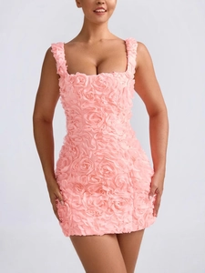 Pink backless mini dress with 3D floral appliques and elegant square neckline