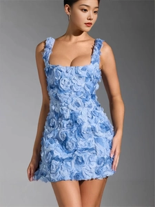 Sky blue mini dress featuring 3D rose floral applique and elegant square neckline
