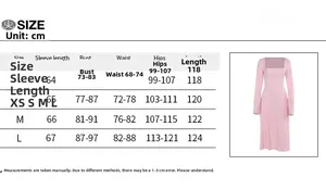 Detailed size chart for pink slim fit long dress with sleeves and measurement guide