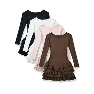 Robe à manches longues et ourlet à volants en noir, blanc, rose et marron à plat