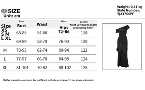 Detailed size chart for black one-shoulder mesh ribbon formal dress showing XS-XL measurements