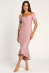 Detail of elegant off-shoulder heart neckline and slim-fit pink fishtail dress bodice