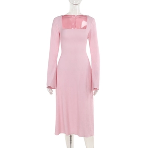 Detail of pink ribbed knit texture and square neckline on a long sleeve dress