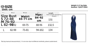 Detailed size chart for evening glitter halter dress including bust, waist, and hip measures