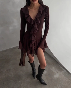 Detail of elegant V-neckline with layered ruffles and long sleeves on a dark brown mini dress