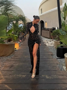 Robe Maxi Sexy en Dentelle Noire pour Femmes Manches Longues Découpe Fente Haute Coupe Slim Élégante Soirée Club Robe Longue