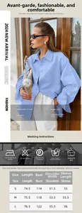 Size chart and washing guide for the blue long sleeve cotton shirt with measurement details