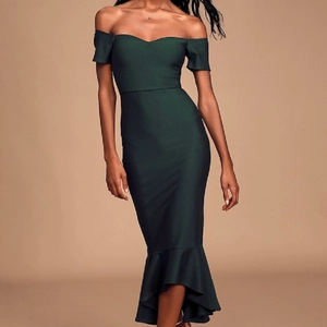 Detailed close-up of dark green off-shoulder mermaid dress with elegant slim fit design