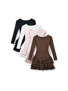 Robe moulante à manches longues et volants pour filles en noir, blanc, rose et brun