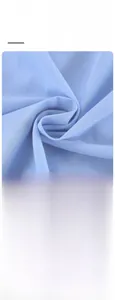 Detail showing high-quality light blue linen fabric texture and stitching of women shirt