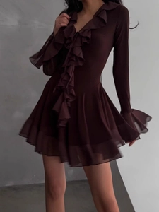 Elegant deep brown V-neck mini dress with ruffled trim and flared mesh sleeves