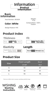 Detailed size guide and cotton care instructions for the white off-shoulder ruffle top