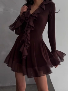 Chic dark brown V-neck mini dress with ruffled details and flared mesh sleeves