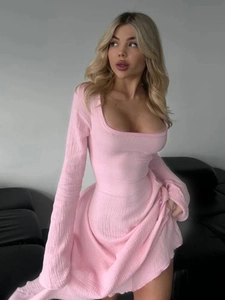 Slim fit pink long sleeve dress with low square neckline and ribbed texture fabric