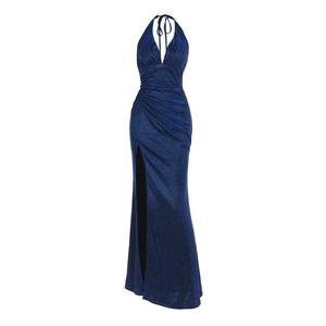 Detail of dark blue glitter evening gown with halter deep V-neck and waist pleats