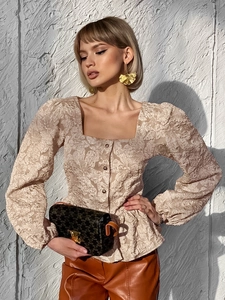 Camicia da Donna Vintage Francese Scollo Quadrato Maniche a Sbuffo Jacquard Peplum Abbottonata Top a Maniche Lunghe Ufficio