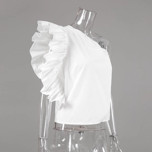 Detail view of white one-shoulder top with ruffled layers on transparent mannequin