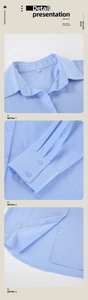 Detailed views of light blue linen shirt collar, double-button cuffs, and curved hemline