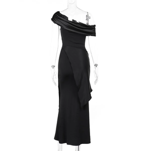 Detail of elegant black one-shoulder satin evening dress with pleated bodice and draped waist
