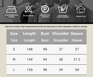 Size chart and washing care instructions for women's long crew neck bodycon dress