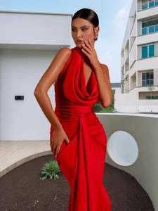Elegant red satin halter dress with a cowl neck and slim fit for formal occasions