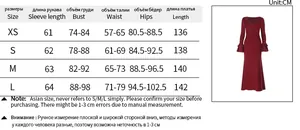 Detailed size chart for the V-neck long-sleeve lace maxi dress in red