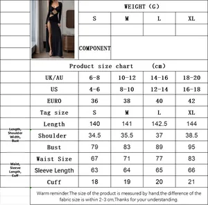 Detailed size chart for evening dress including UK, US, and EU size guide in centimeters