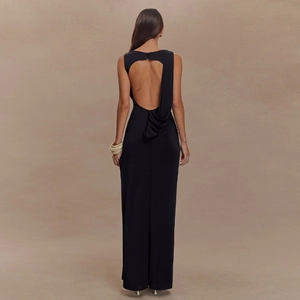 Elegant backless black slit maxi dress with draped back design and slim fit style