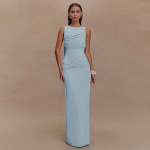 Sexy Backless Maxi Dress For Women Sleeveless High Split Bodycon Dress With Twist Front Pleated Design Elegant Evening Party Dress