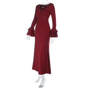 Detailed V-neck lace trim and layered bell sleeves on a burgundy bodycon dress