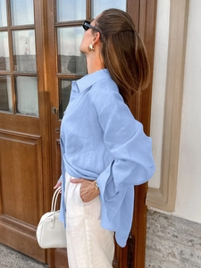 French style light blue linen shirt for women, loose fit long sleeve top with lapel collar