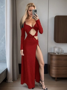 Elegant red long sleeve dress featuring cutout waist and high slit design for banquet