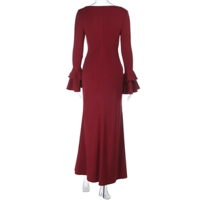 Back view of wine red maxi dress featuring ruffled flare sleeves and slim fit silhouette