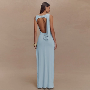 Elegant light blue backless maxi dress with drape detail and slim fit for women