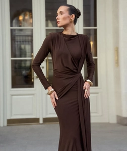 Detailed view of dark brown bodycon dress with waist twist knot and elegant drape