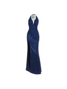 Sparkly dark blue halter neck evening gown with deep V-neck and high leg slit detail